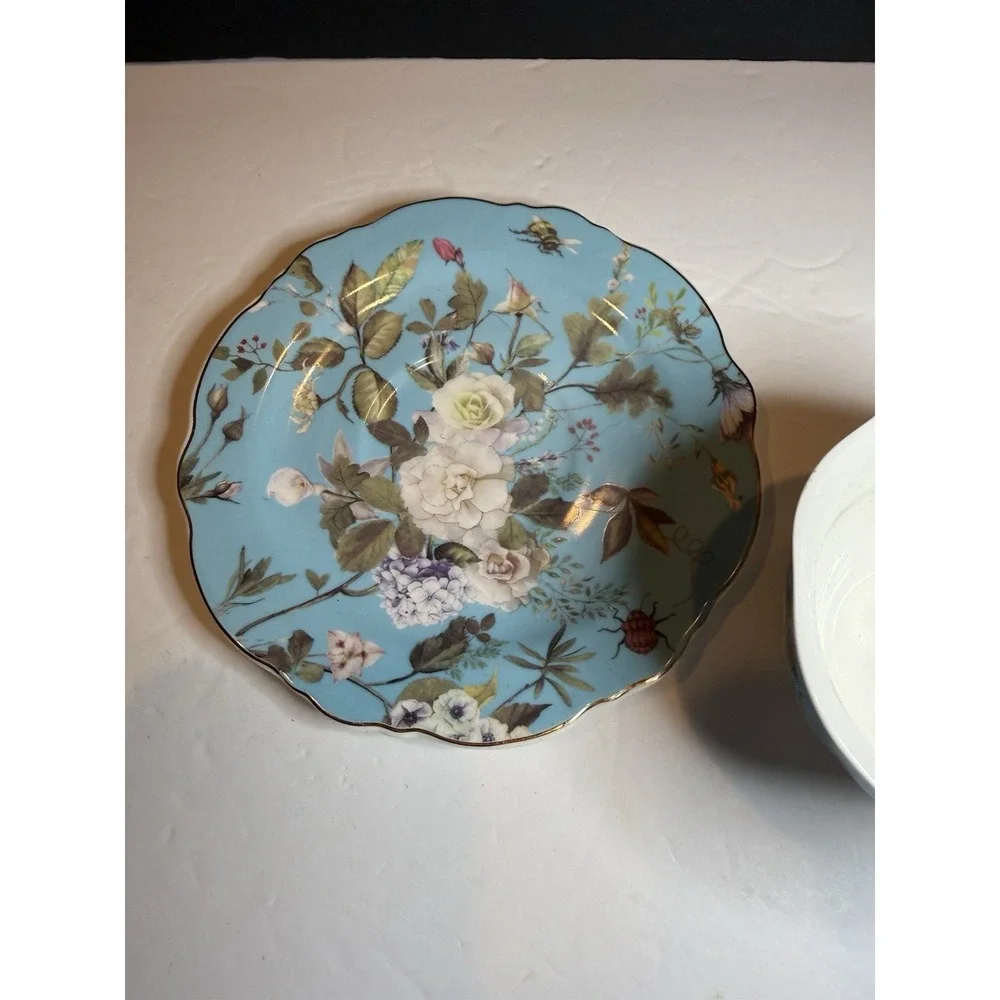 Grace Teaware Blue Floral Garden Oversized Teacup & Saucer Porcelain Gold Trim
